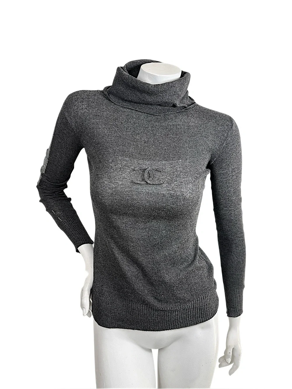 CHANEL Vintage Fall 2008 Grey CC Logo Lace Sleeve Turtleneck Sweater
